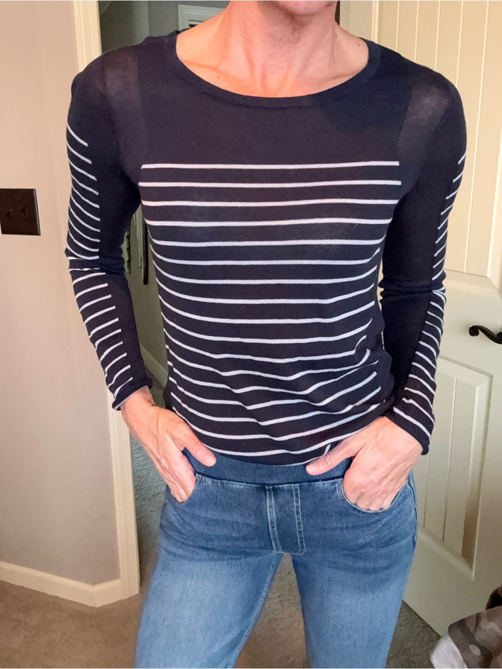 CAbi Navy and White Striped Long-Sleeve Crewneck Top